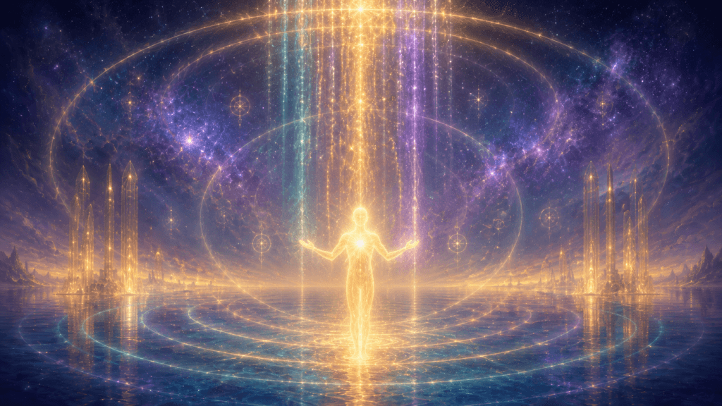 Ethereal Lemurian Light Energy Attunement showing a luminous figure receiving streams of light code from the cosmos, surrounded by seven concentric rings of light representing the planes of ascension, with translucent columns of Lemurian temple architecture in the background