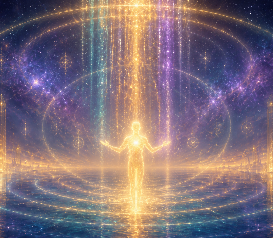 Ethereal Lemurian Light Energy Attunement showing a luminous figure receiving streams of light code from the cosmos, surrounded by seven concentric rings of light representing the planes of ascension, with translucent columns of Lemurian temple architecture in the background
