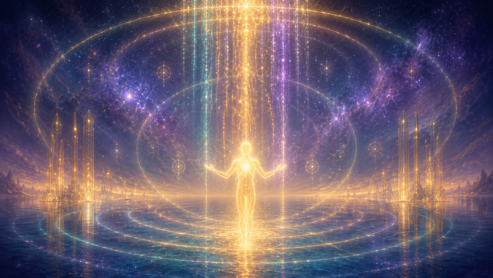 Ethereal Lemurian Light Energy Attunement showing a luminous figure receiving streams of light code from the cosmos, surrounded by seven concentric rings of light representing the planes of ascension, with translucent columns of Lemurian temple architecture in the background