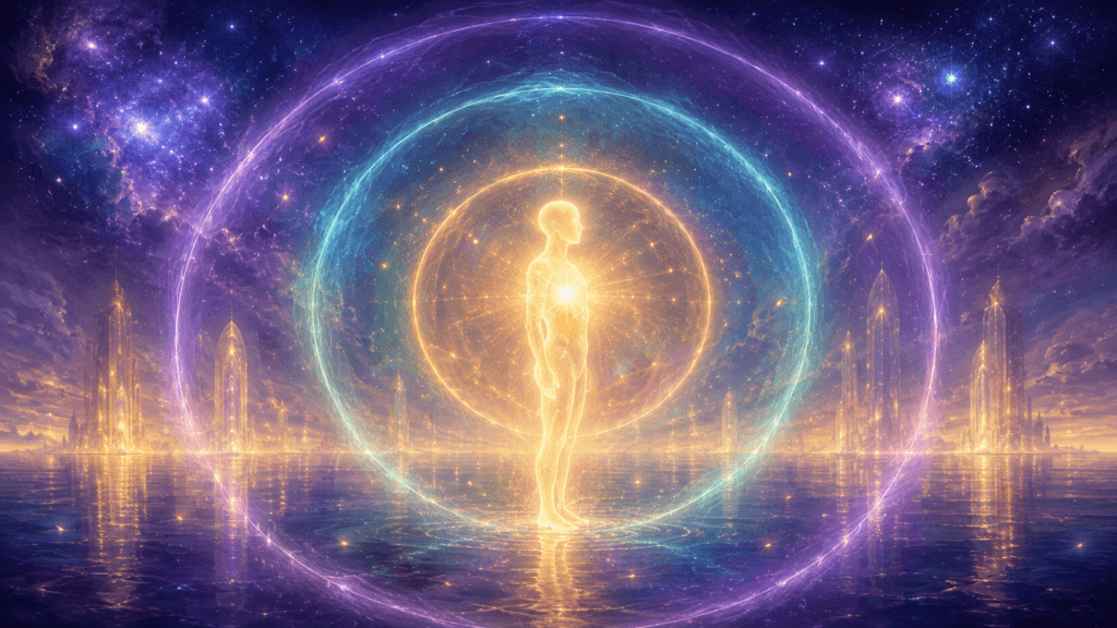 Ethereal Lemurian Energy Light Work three session package showing a luminous figure surrounded by expanding rings of gold, teal, and violet light, representing the inner child, adolescence, and adult self