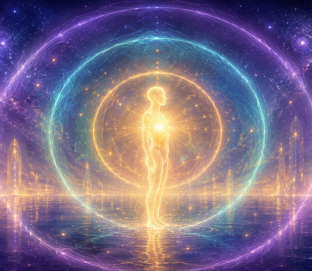 Ethereal Lemurian Energy Light Work three session package showing a luminous figure surrounded by expanding rings of gold, teal, and violet light, representing the inner child, adolescence, and adult self