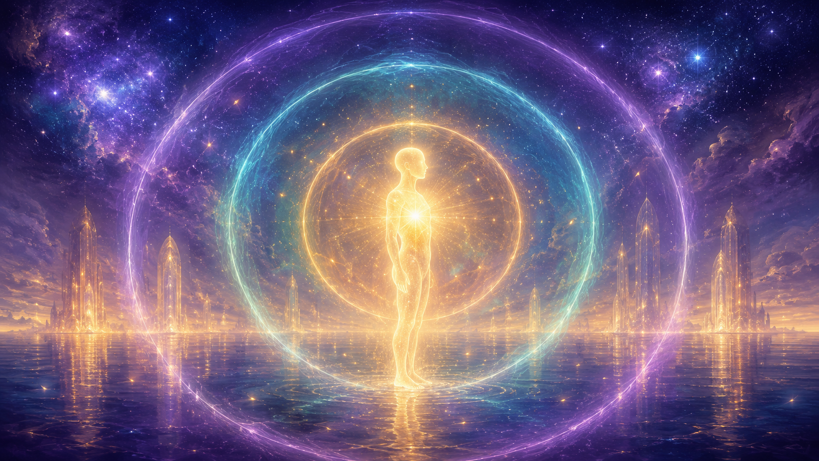 Ethereal Lemurian Energy Light Work three session package showing a luminous figure surrounded by expanding rings of gold, teal, and violet light, representing the inner child, adolescence, and adult self
