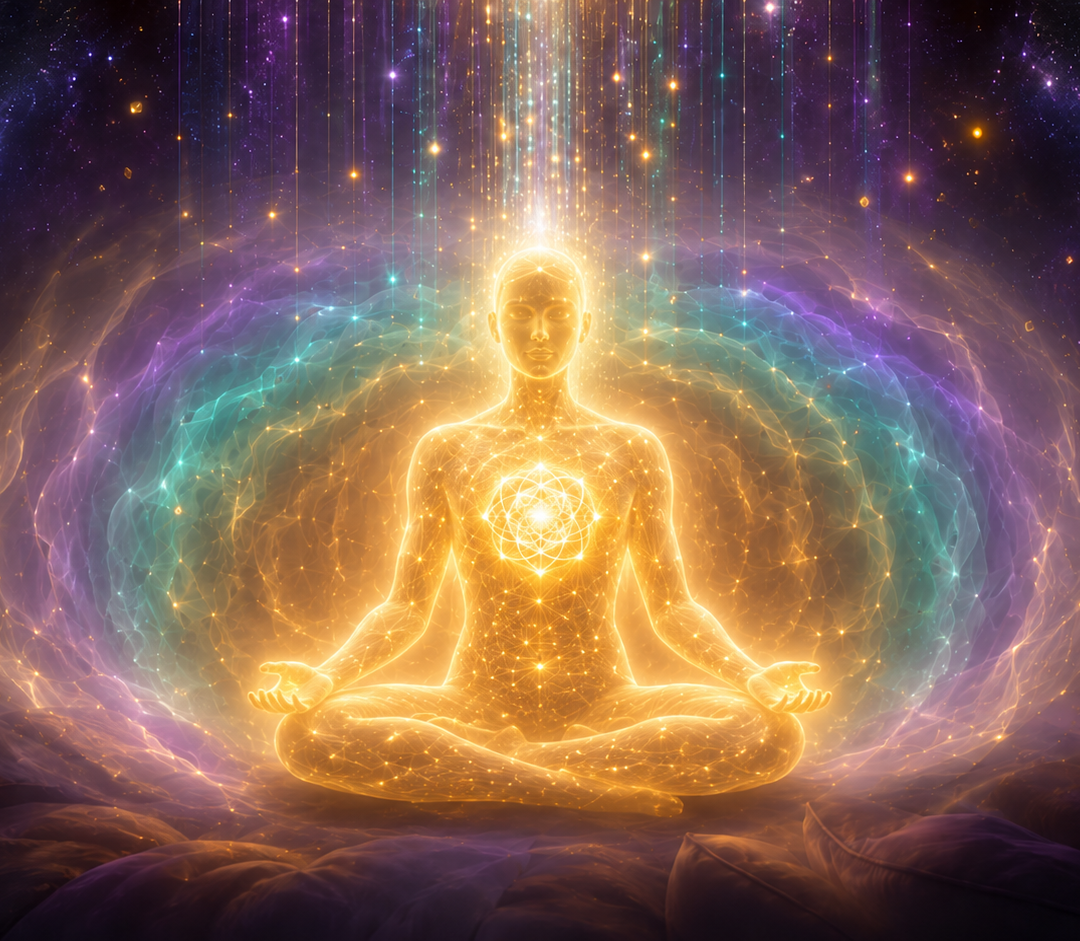 Ethereal Soul Restoration showing a luminous figure with a personal light code at the heart center surrounded by five concentric rings of light representing the inner child, adolescent, adult, soul retrieval, and light body activation sessions, with returning fragments of light integrating from the surrounding cosmos