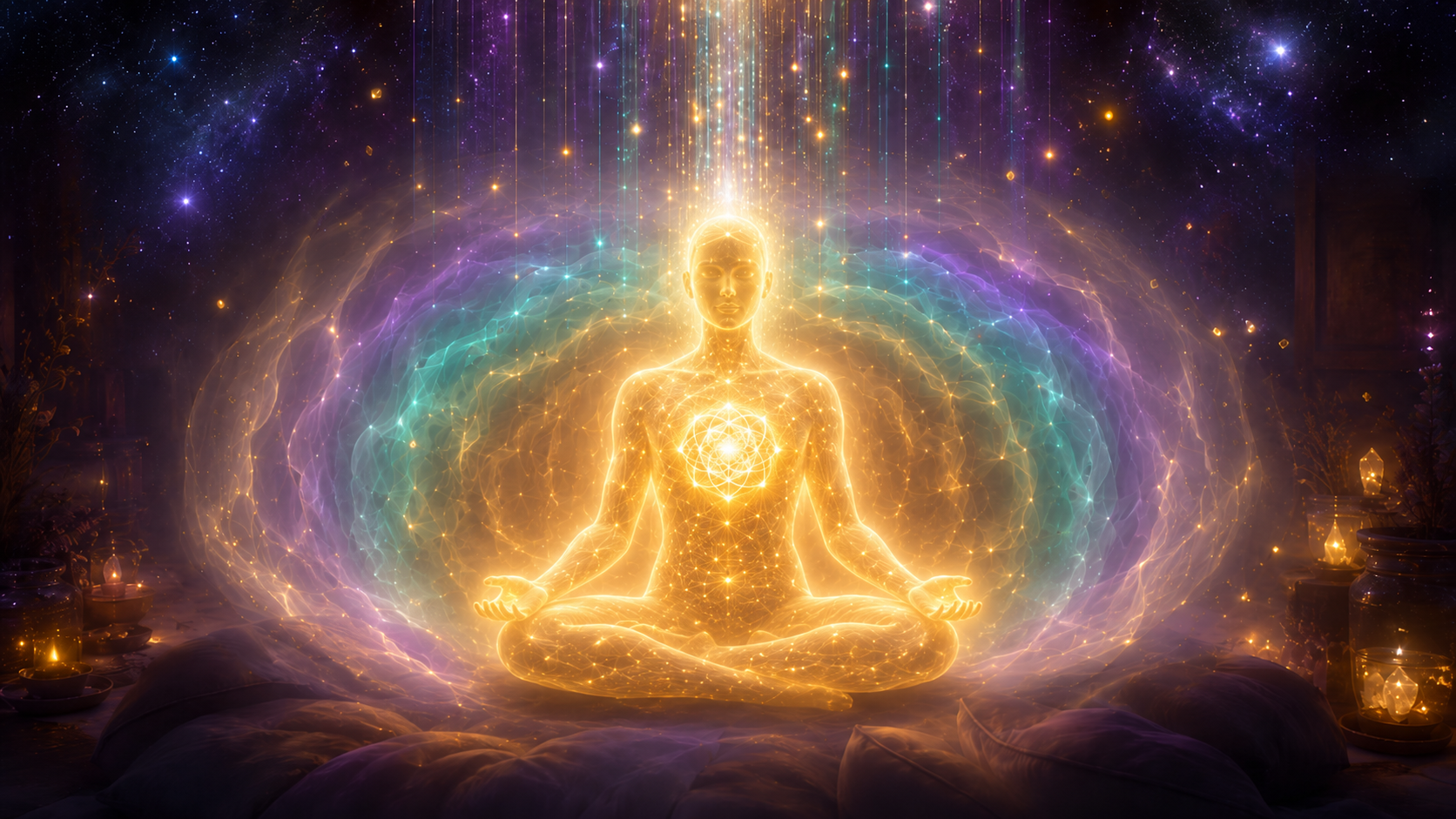 Ethereal Soul Restoration showing a luminous figure with a personal light code at the heart center surrounded by five concentric rings of light representing the inner child, adolescent, adult, soul retrieval, and light body activation sessions, with returning fragments of light integrating from the surrounding cosmos