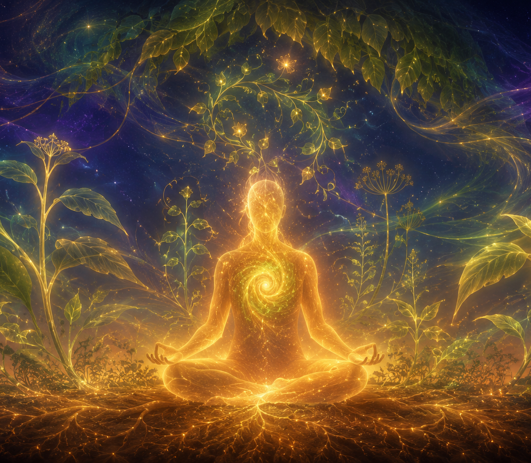 Ethereal Plant Medicine Integration Mentor Service showing a luminous figure in seated meditation surrounded by glowing sacred plants and threads of green, gold, and violet light, representing the careful integration of ceremonial experiences into daily life