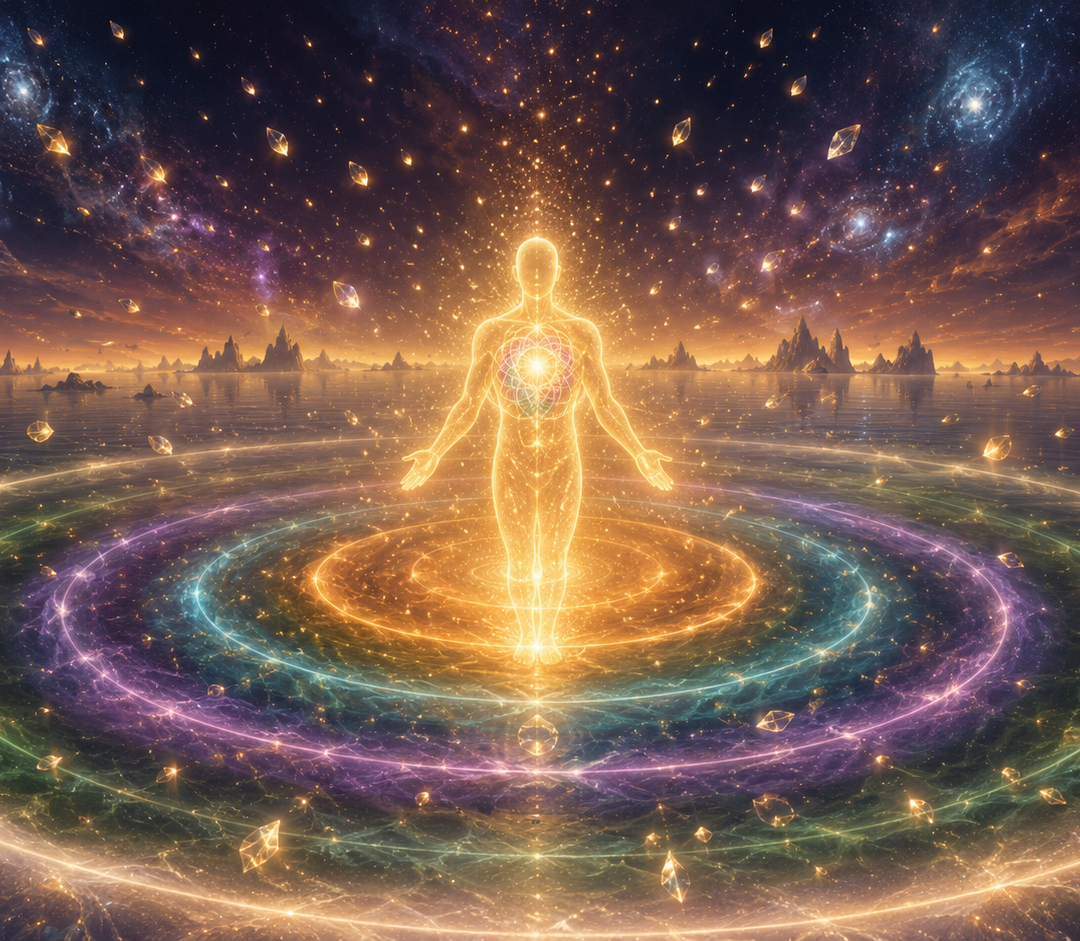 Ethereal Soul Restoration showing a luminous figure with a personal light code at the heart center surrounded by five concentric rings of light representing the inner child, adolescent, adult, soul retrieval, and light body activation sessions, with returning fragments of light integrating from the surrounding cosmo