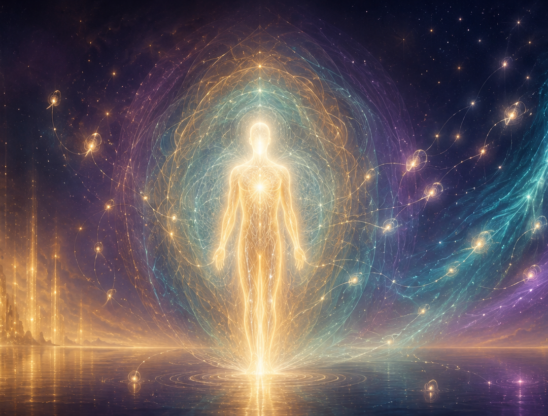 the energy work, lemurian light, soul work, healing work, soul retrieval, soul restoration, resonance retainer, psychic, consultation, Ethereal banner showing a luminous figure surrounded by the visible layers of energy work, with Lemurian columns of golden light on one side and Sirian streams of teal and violet light on the other, representing the unified energy healing practice
