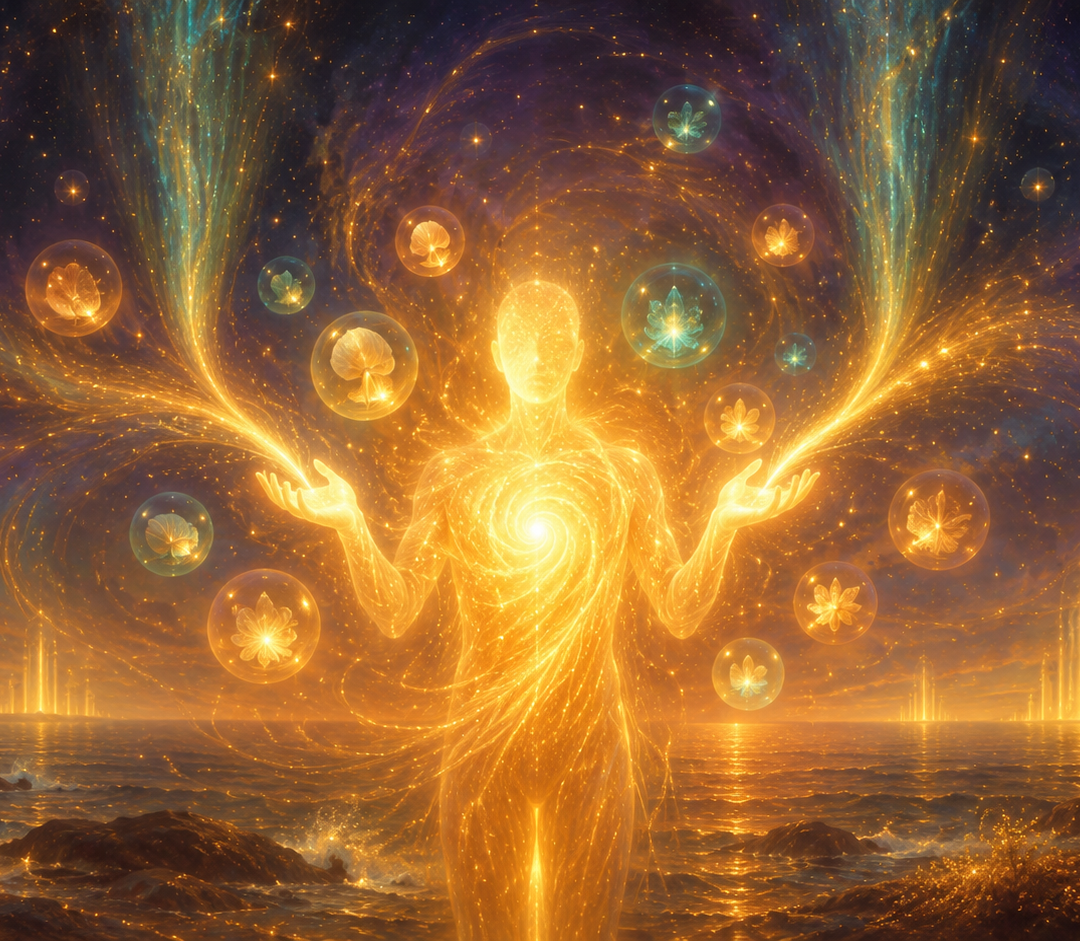 Ethereal Private VIP vibrate to love Session showing a luminous figure radiating warm golden light with streams of light flowing out from open palms and returning from the cosmos, surrounded by orbs of light representing desires being magnetized through gratitude practic