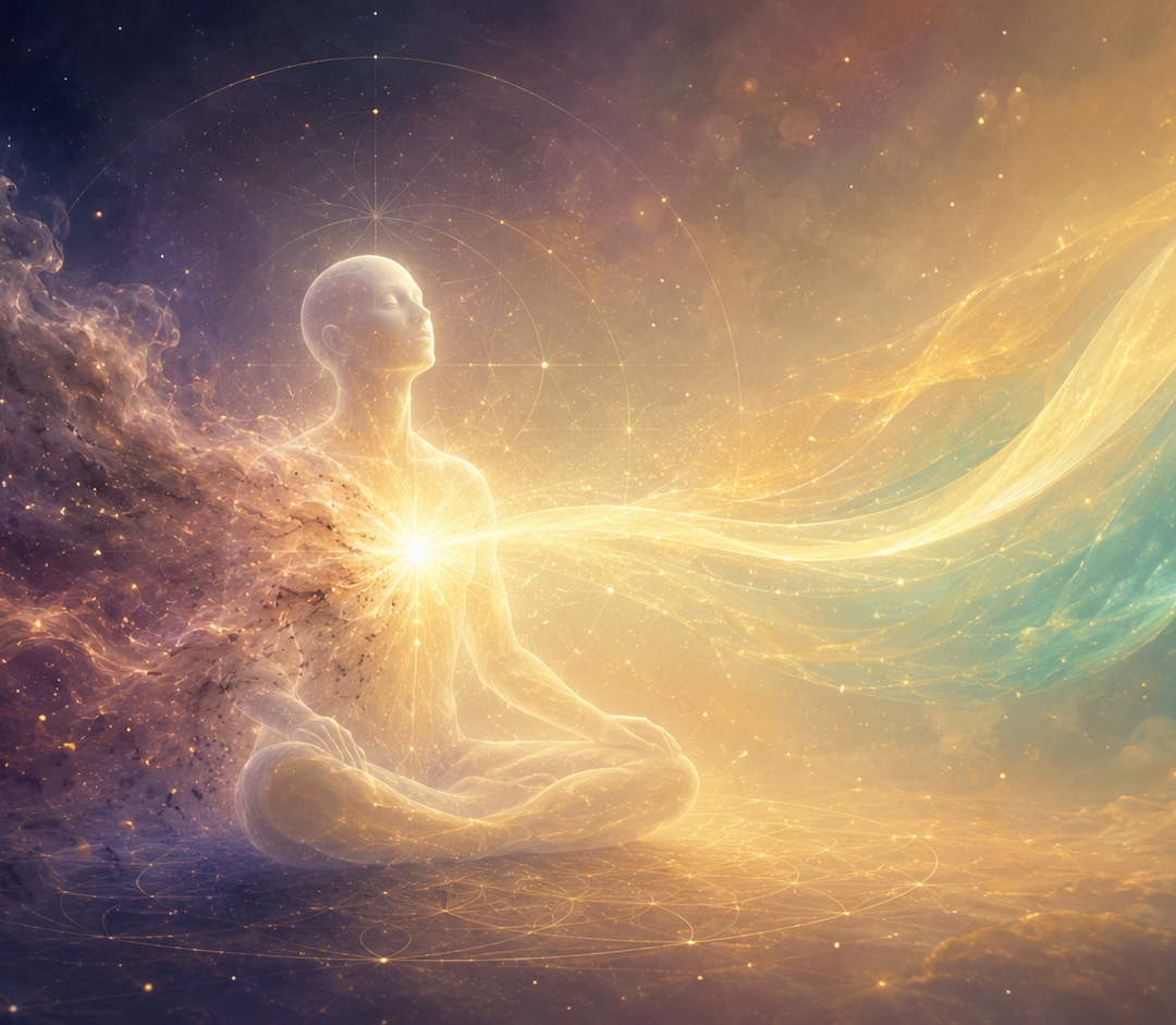 Luminous figure gently releasing old energy patterns and receiving new light at the heart center, representing soul-level clearing and energetic story renewal through guided meditation.