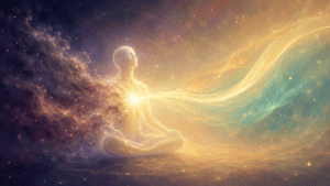 Luminous figure gently releasing old energy patterns and receiving new light at the heart center, representing soul-level clearing and energetic story renewal through guided meditation.