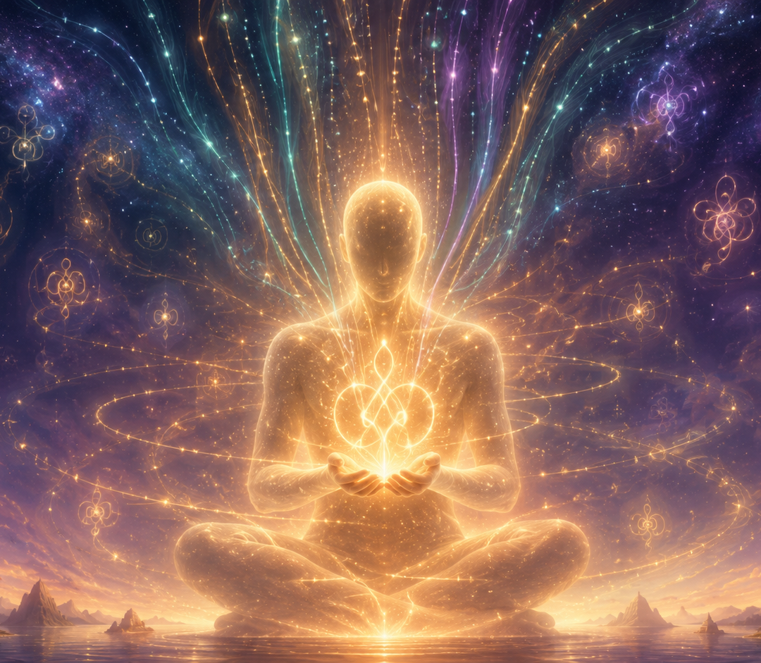 Ethereal Custom Light Language Code showing a luminous figure holding a channeled sigil of golden light in cupped hands, receiving streams of light code from the cosmos with surrounding light language glyphs floating in the field, representing a unique soul frequency activation