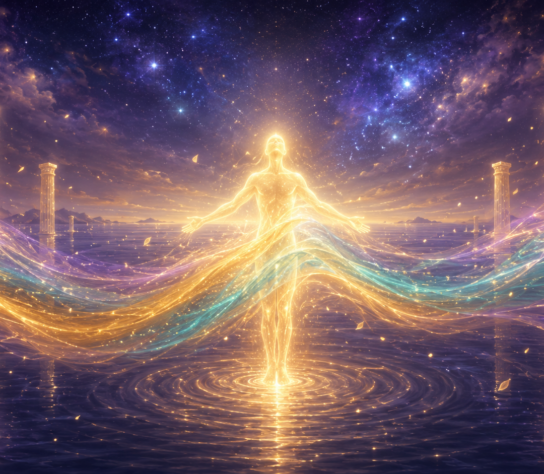Ethereal Focus-tunement Energy Nourishment showing a luminous figure in restful repose receiving a single concentrated beam of golden and teal light directed to one specific area, representing precise 30 minute remote energy tune up work