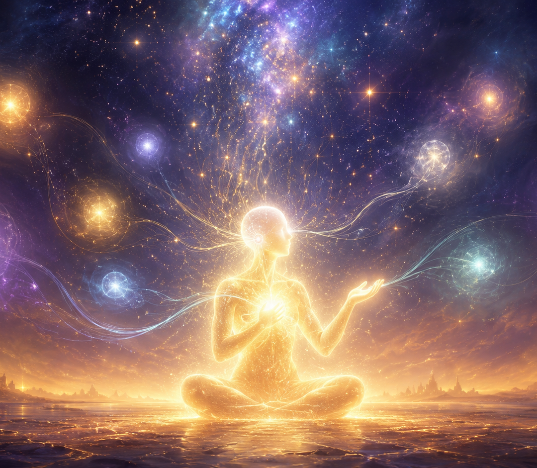 Ethereal Spiritual Psychic Reading showing a luminous figure in seated listening posture surrounded by softly glowing orbs of light representing loved ones and spirit guides, with delicate threads of communication flowing toward the heart and ear of the medium